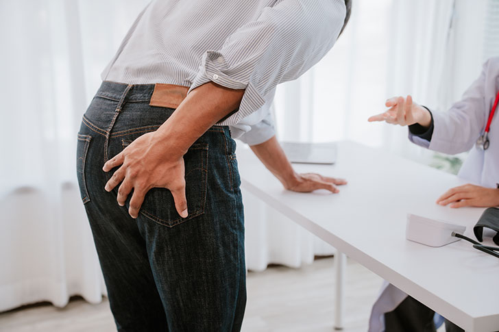 A man clutching his buttocks in a clinical setting