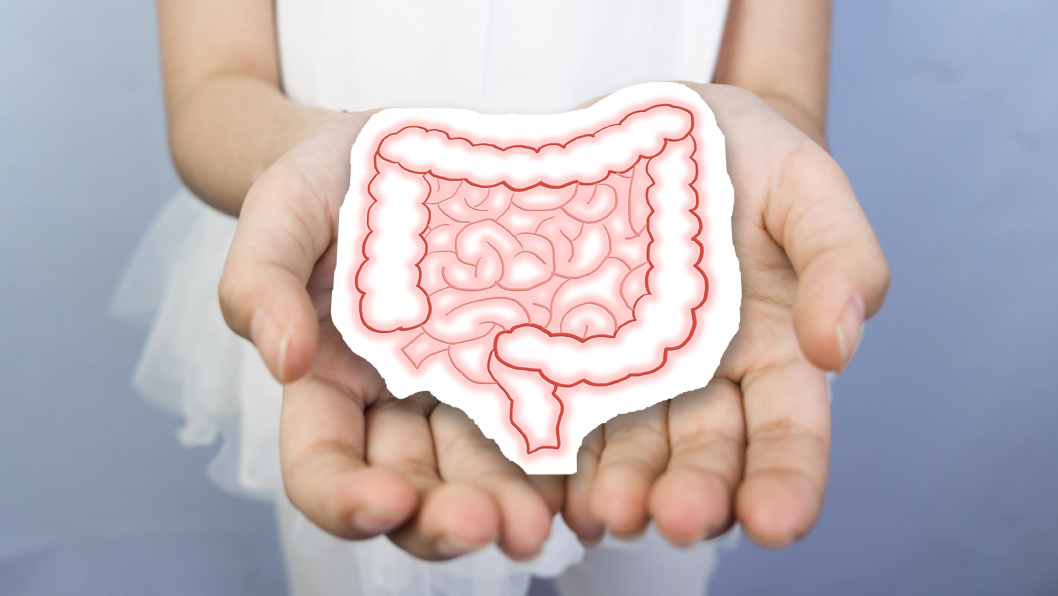 Hands holding an illustration of the colon and intestines representing colorectal cancer awareness and treatment options