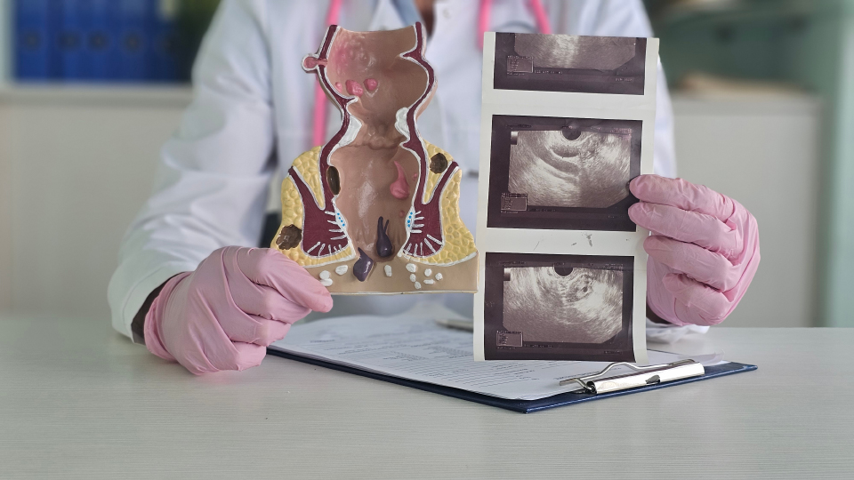 Doctor holding a colorectal anatomy model and endoscopic images while explaining findings during a patient consultation